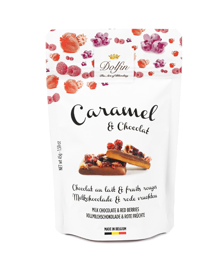 DOLFIN POUCH CARAMEL CHOC. MILK RED BERRIES 45GR X12